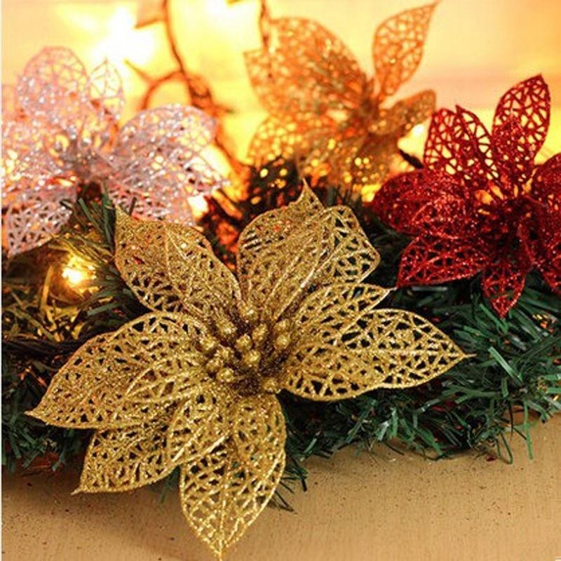 4Pcs/10pcs Hollow Xmas Flowers Artificial Christmas Hollow Flower For Christmas Tree Decorations Orna