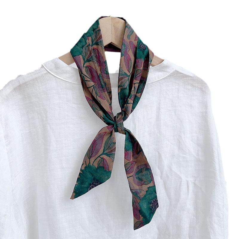 Spring Summer Floral Print Cotton Skinny Scarf Women Soft Neckerchief Hairband Lady Headband Bagscarf Female Neck Ties