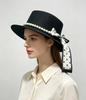 French hat summer visor elegant polka dot streamer pearl flat top hat travel small fresh