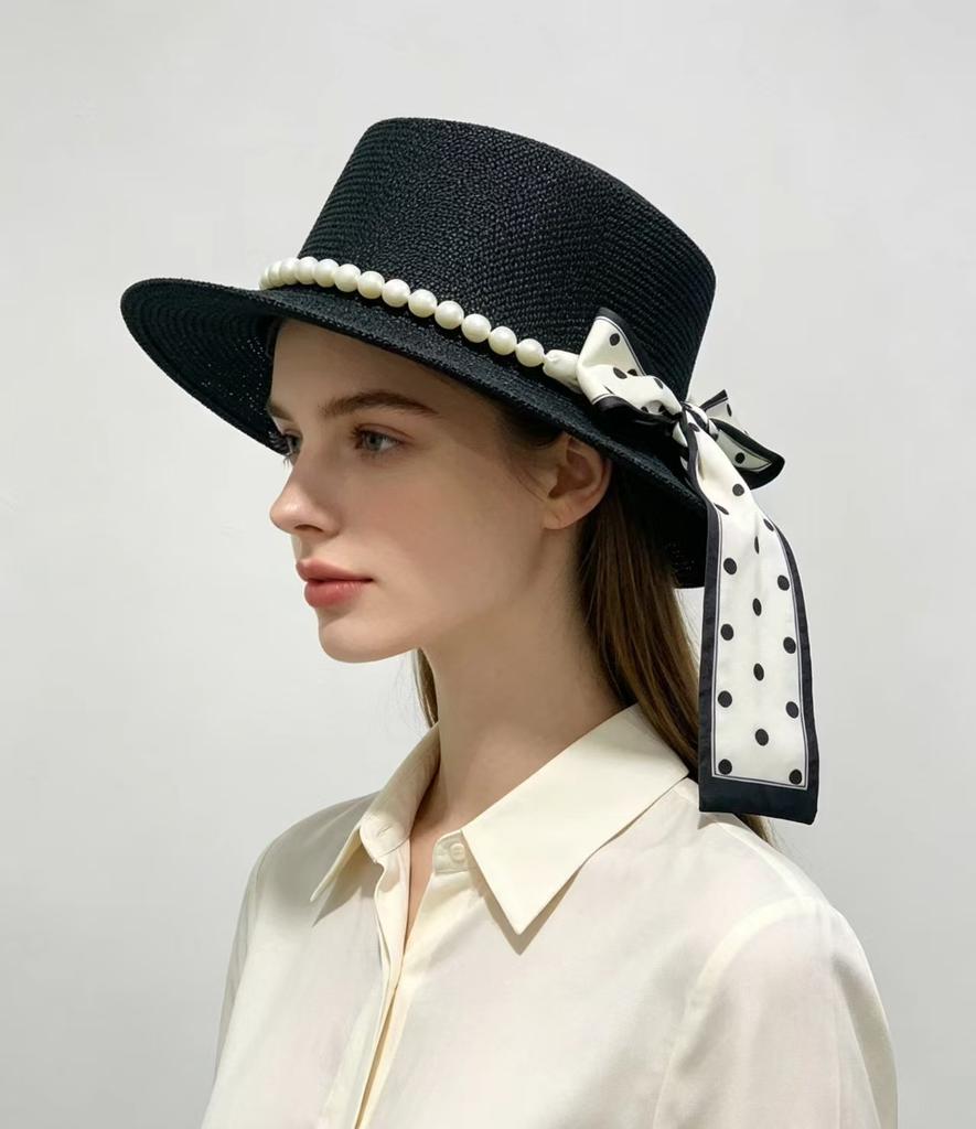 French hat summer visor elegant polka dot streamer pearl flat top hat travel small fresh