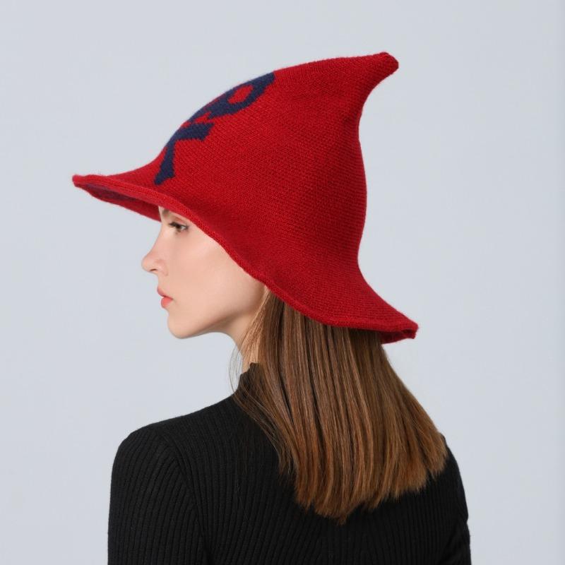 New Halloween Skull Wizard Hat Big Eaves Wool Knitted Ghost Head Witch Hat Women's Party Hat
