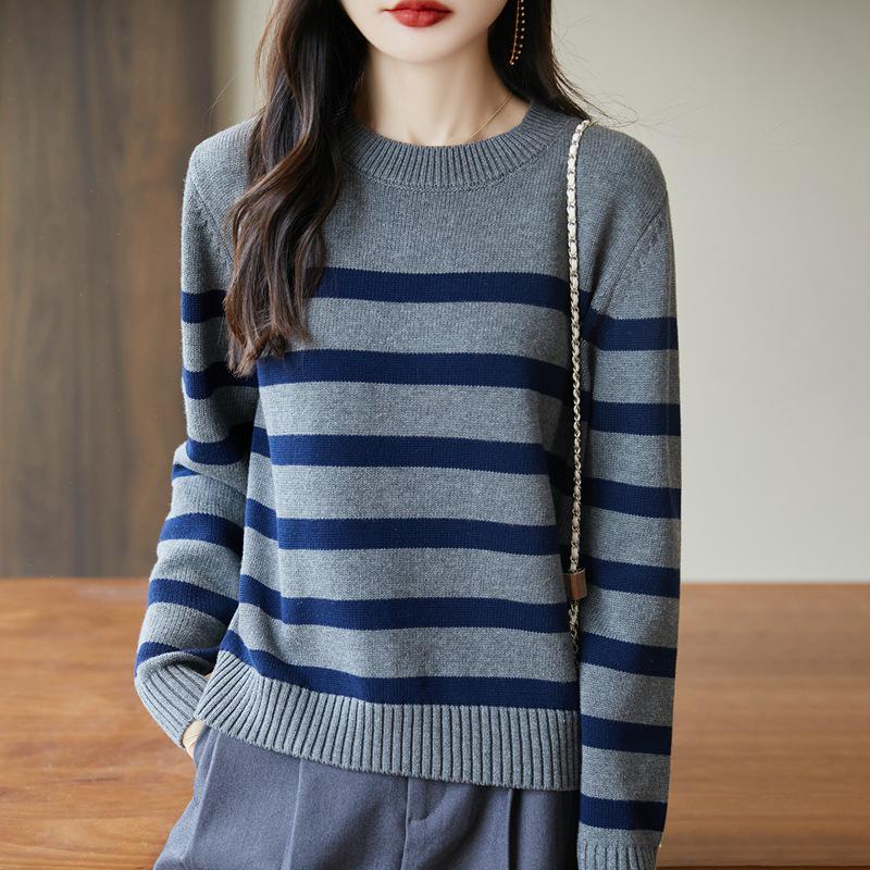 Autumn/Winter 2025 Women's Round Neck Striped Sweater - 100% Thickened Cotton Yarn Knit