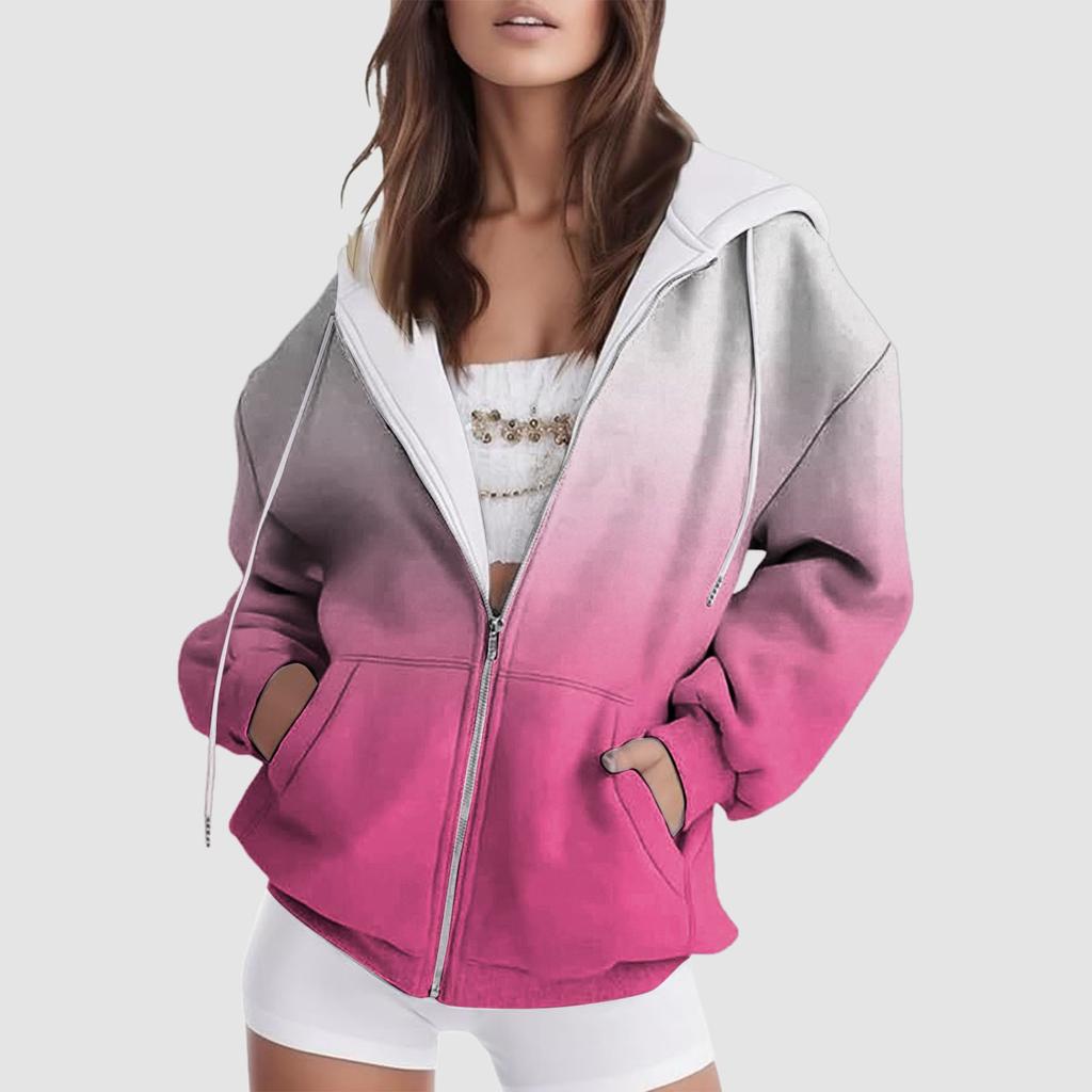 2024 Новая женская толстовка с капюшоном с градиентом, зимняя, с длинным рукавом, на шнурке, с капюшоном, с двойными карманами, на молнии, повседневная уличная одежда