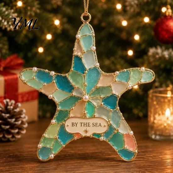 Sea Glass Ornaments for Christmas Handmade Coastal Ornaments, Turtle Seahorse Starfish Modern Home Holiday Decor Sailboat Beach Hanging Decoration