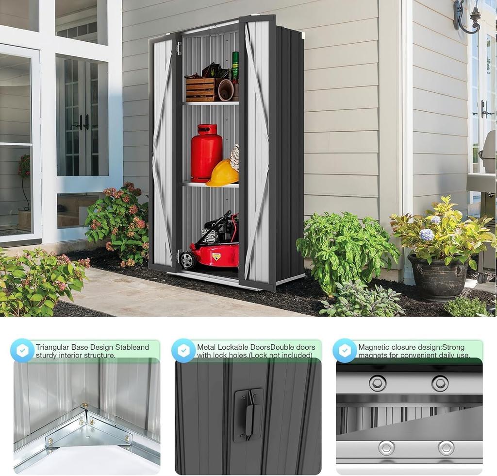YODOLLA Tall Outdoor Garden Storage Cabinet with 3 Adjustable Shelves, Weatherproof Metal Cupboard for Garage Patio - Dark Grey