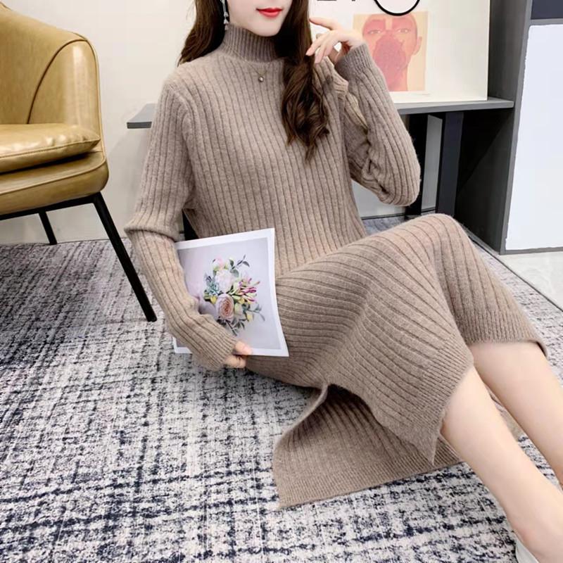 Autumn and Winter New Semi-turtleneck Knee-length Knitted Bottoming Shirt Fashion Loose Versatile Sweater Skirt Women's Clothing