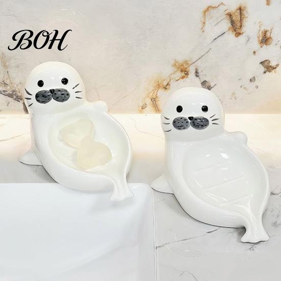Non-slip Soap Container Cute Seal Ceramic Dish, with Self-Draining Design, Sponge Drainage Tray Organizer Tray, for Bathroom Countertop And