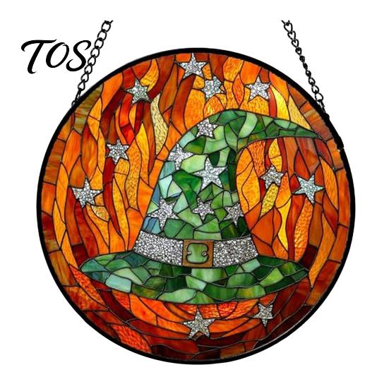 Lightweight Party Signs Halloween Stained Glass Suncatcher Ornament, Vintage Hanging Window Decor with Pumpkin Ghost Bat Witch Waterproof Porch