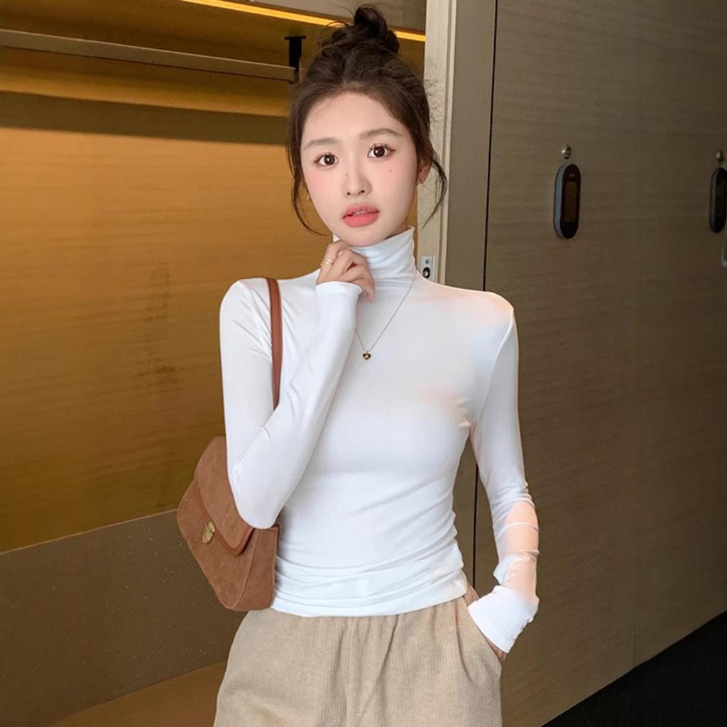 Женский черный модальный топ с длинным рукавом, облегающий, с высоким воротником, базовый слой для весны, осени, зимы 2024.