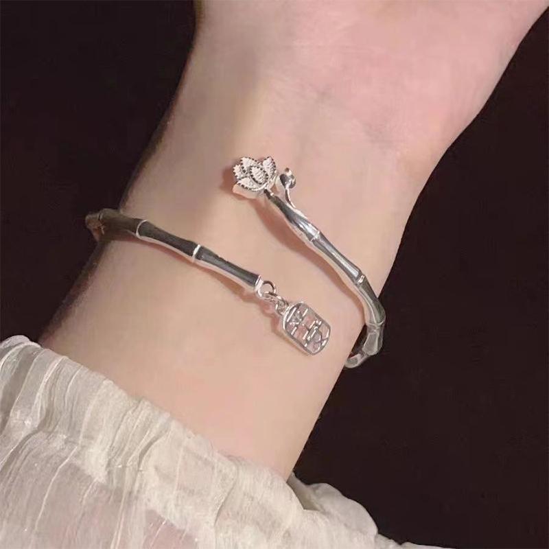 Регулируемый браслет Lucky Blessing Bamboo Lotus Silver Color Hollow Letter