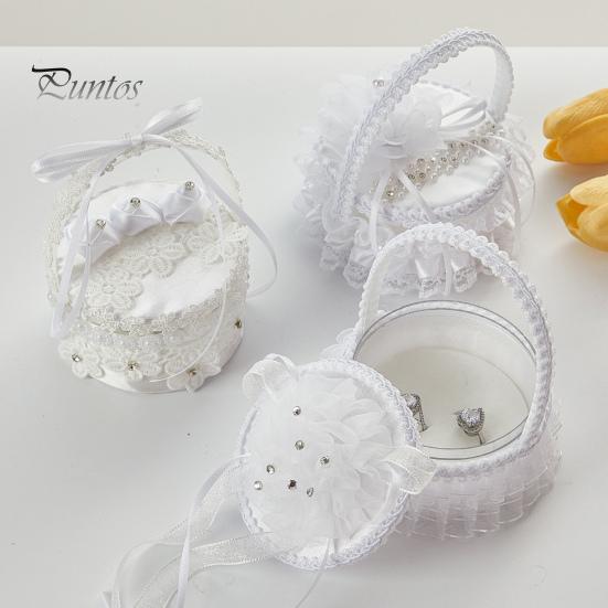 Белая кружевная коробочка для колец, держатель для свадебных колец с ручкой, подушка для колец с лентой и цветком для церемонии помолвки