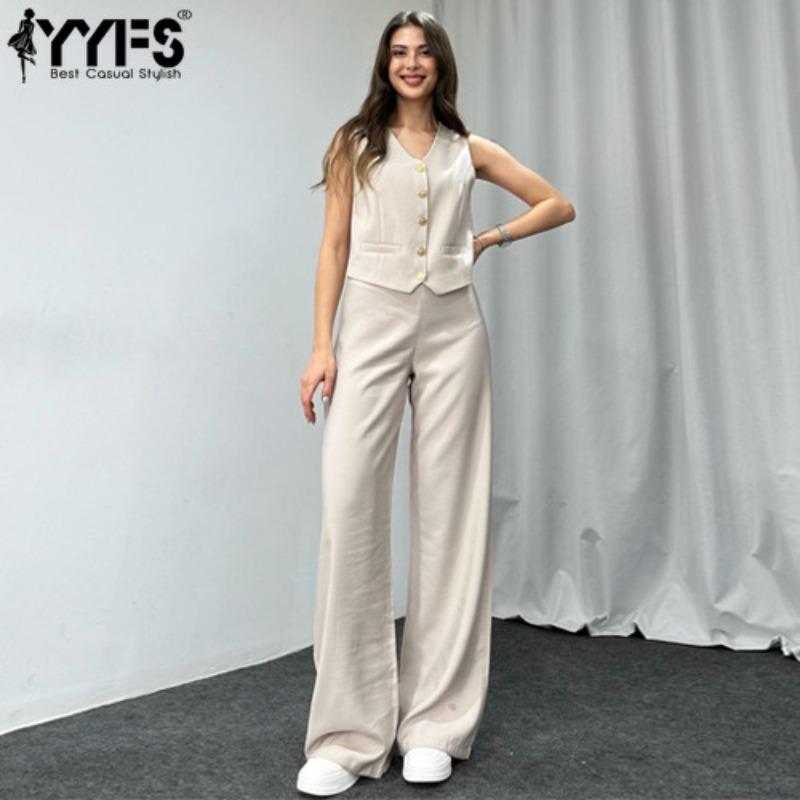 YYFS Женская мода повседневная летняя весенняя однотонная принтованная безрукавка с V-образным вырезом блузки и рубашки брюки костюмы