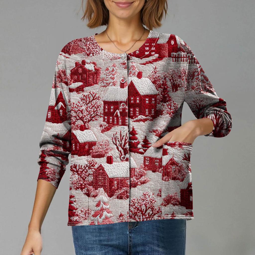 Women's Casual Long-Sleeved Single-Breasted Christmas-Themed Print Cardigan
