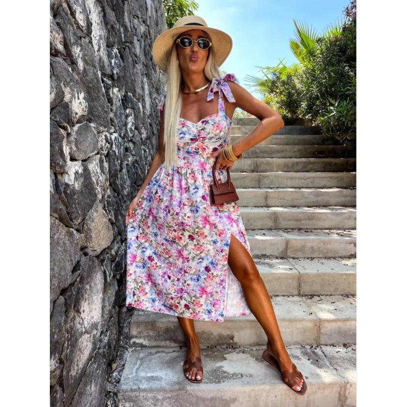 Женские летние сексуальные повседневные платья с разрезом на талии и принтом