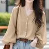 Womens Casual V-neck Loose Long Sleeve Blouse
