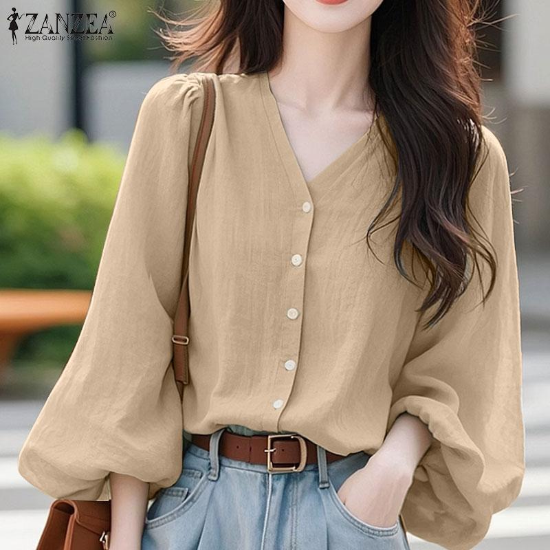 ZANZEA Womens Casual V-neck Loose Long Sleeve Blouse