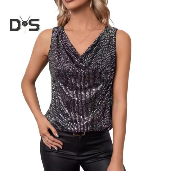 Женские топы без рукавов с пайетками и V-образным вырезом, блестящие блузки, сексуальные топы на бретельках для коктейльной вечеринки, клубной одежды, вечеринки