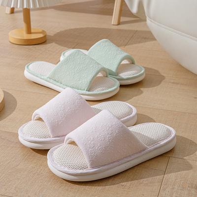Элегантные мохнатые тапочки Льняные тапочки Домашние тапочки для девочек Тисненые сандалии Весенние и летние тапочки из хлопка Домашняя обувь Тапочки розового цвета