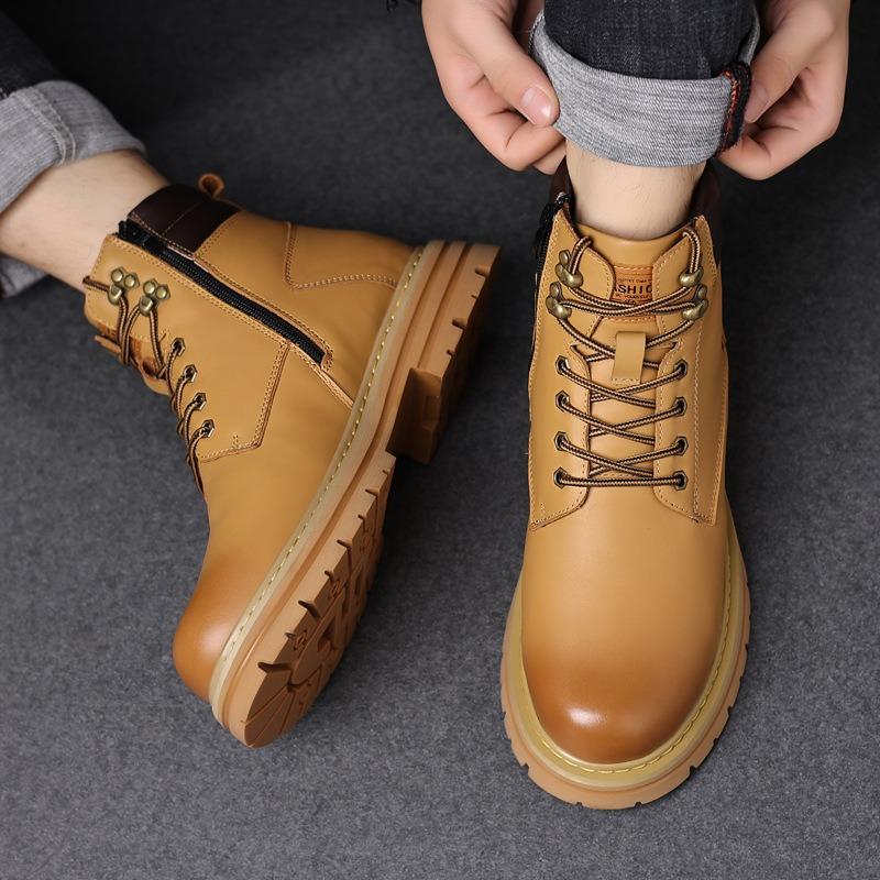 First layer cowhide men's rhubarb boots genuine leather wool Martin boots velvet warm outdoor men's fashion men's shoes boots