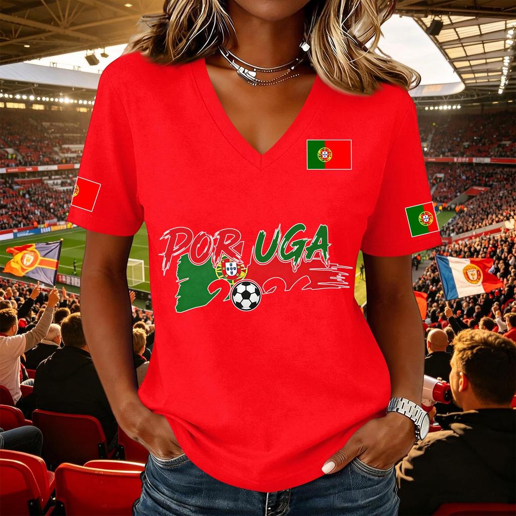 Women V Neck Pullover T Shirt Short Sleeve Casual Soccer Flag Print Top Supporter Jersey Tee for Game Day Wear