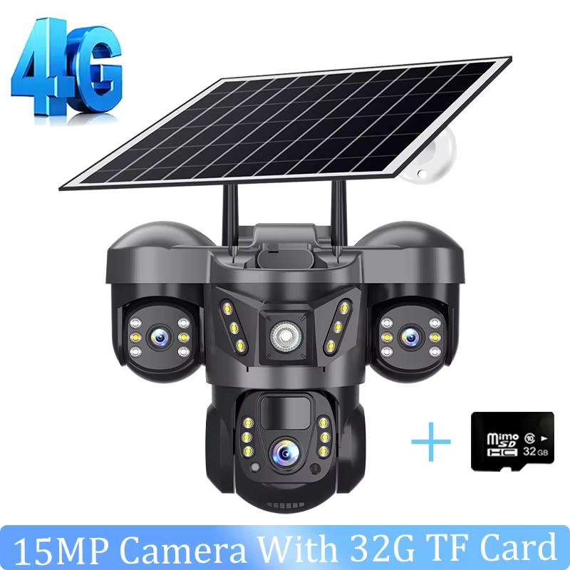 15MP Three Lens 4G Camera Solar Power Outdoor Waterproof PIR Humanoid Detection Security Video Monitor V380 Battery Surveillance