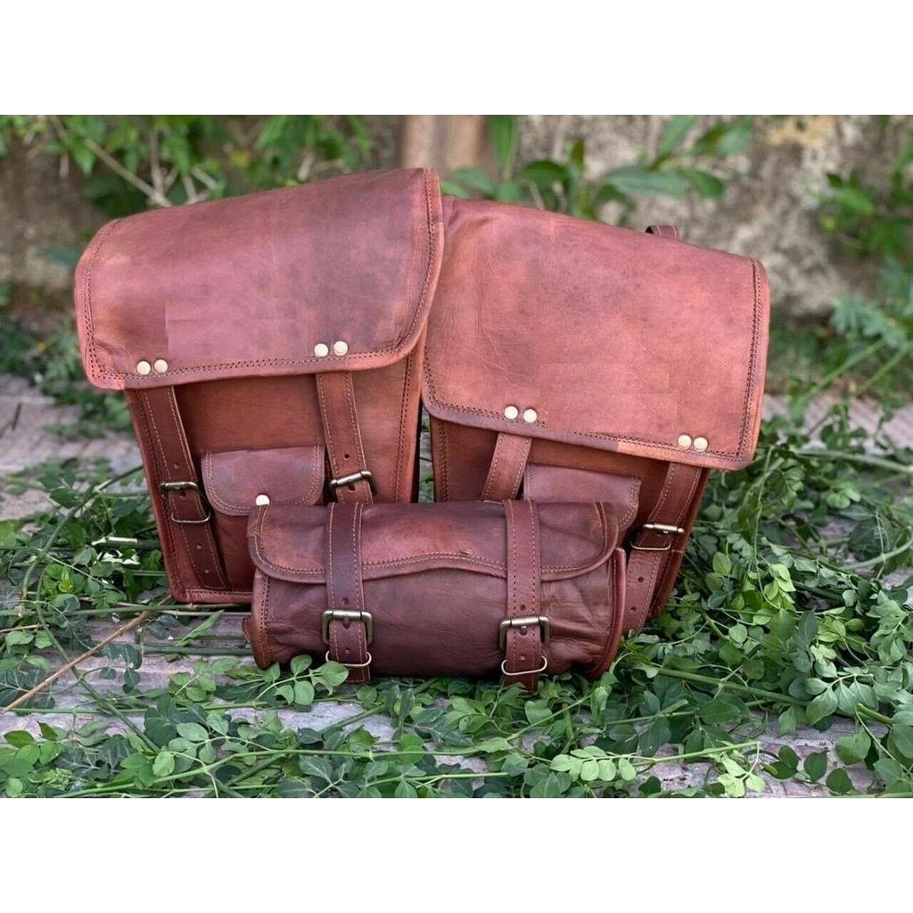 Motorcycle 3 Saddle Side Bags Sassy Bar Handlebar Luggage Tool Goat Leather