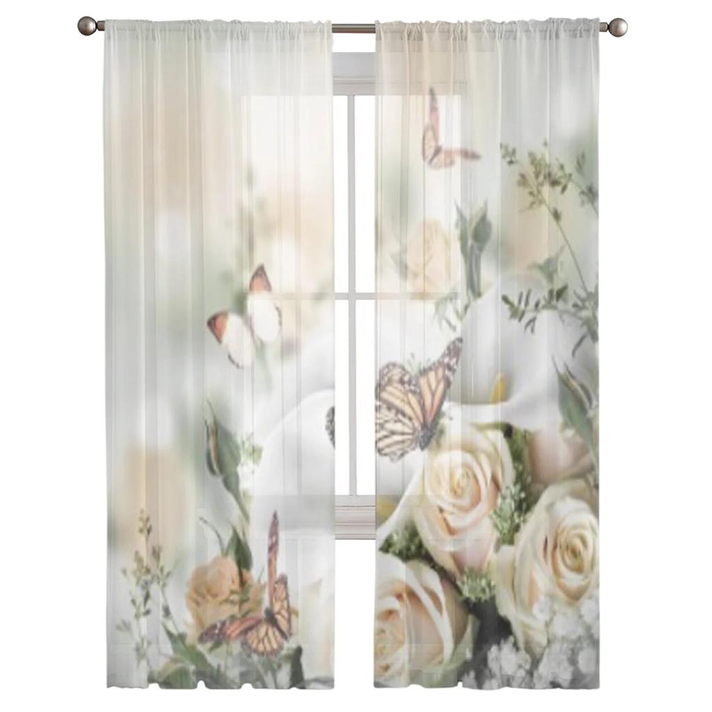 Yellow Roses And White Calla Lilies Butterfly Flower Tulle Sheer Curtains for Living Room Kitchen Decor Voile Organza Curtain