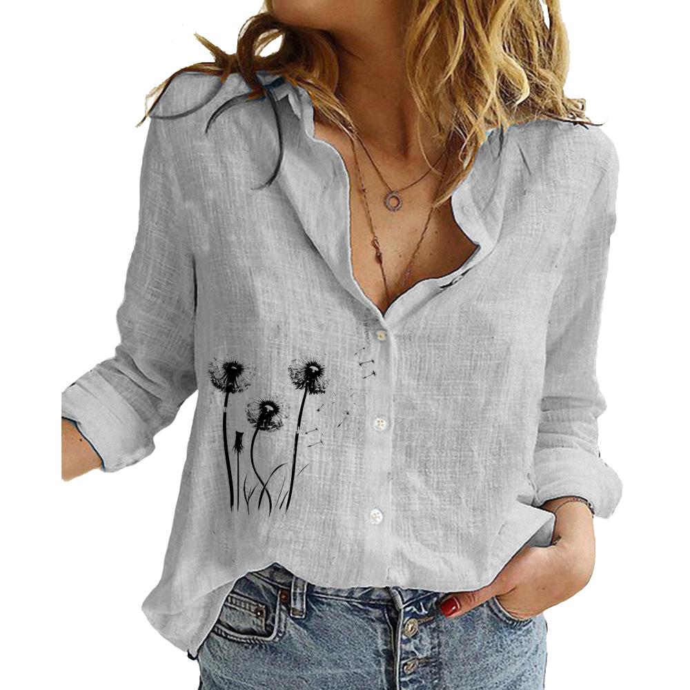 Women Fashion Cotton Linen Shirt Floral Print Long Sleeve Top Ladies Casual Stand-collar Buttoned Blouse