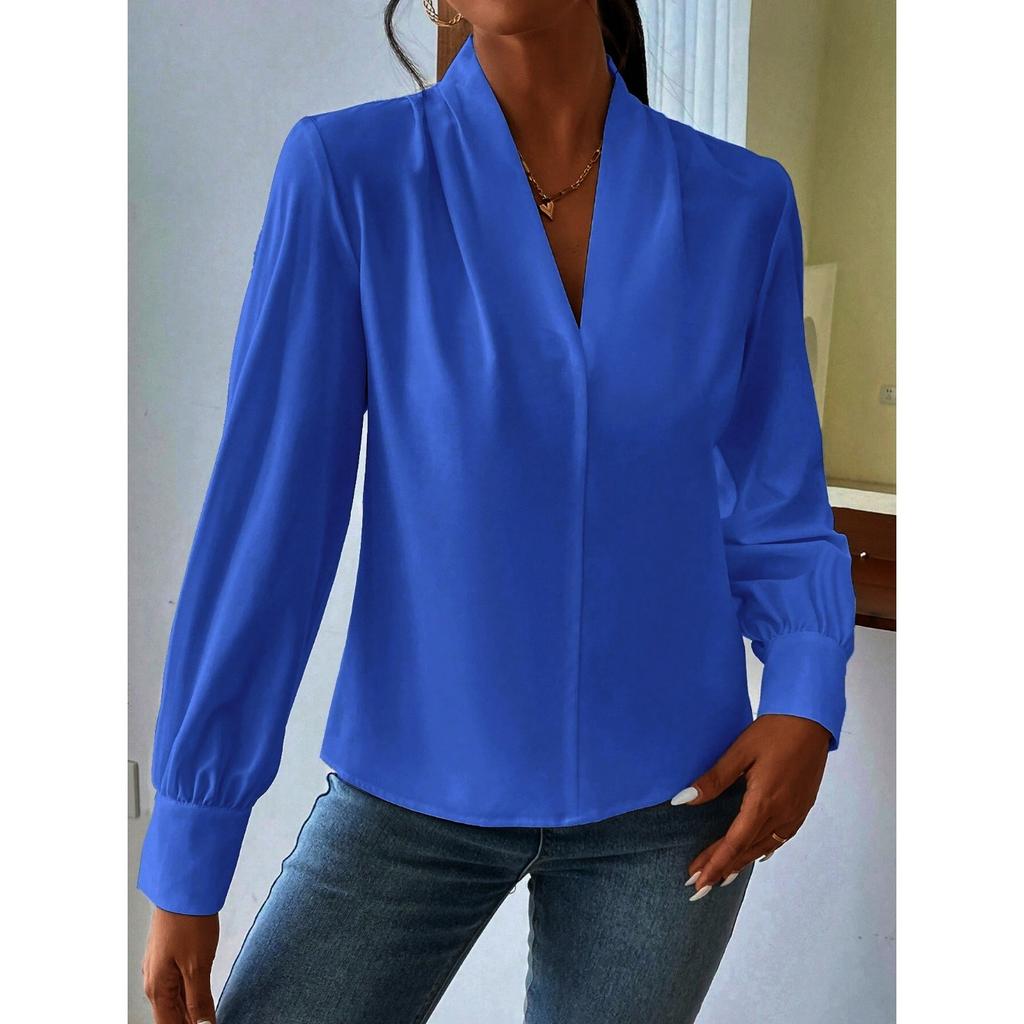 GMXIA Рубашка с длинным рукавом на весну и зиму Design Sense с V-образным вырезом, однотонная свободная рубашка на осень