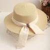 Straw Hat Lightweight Breathable Flat Top Wide Brim Sun Protection Hat Metal Buckle Ribbon Decorated Hat Summer Beach Hat