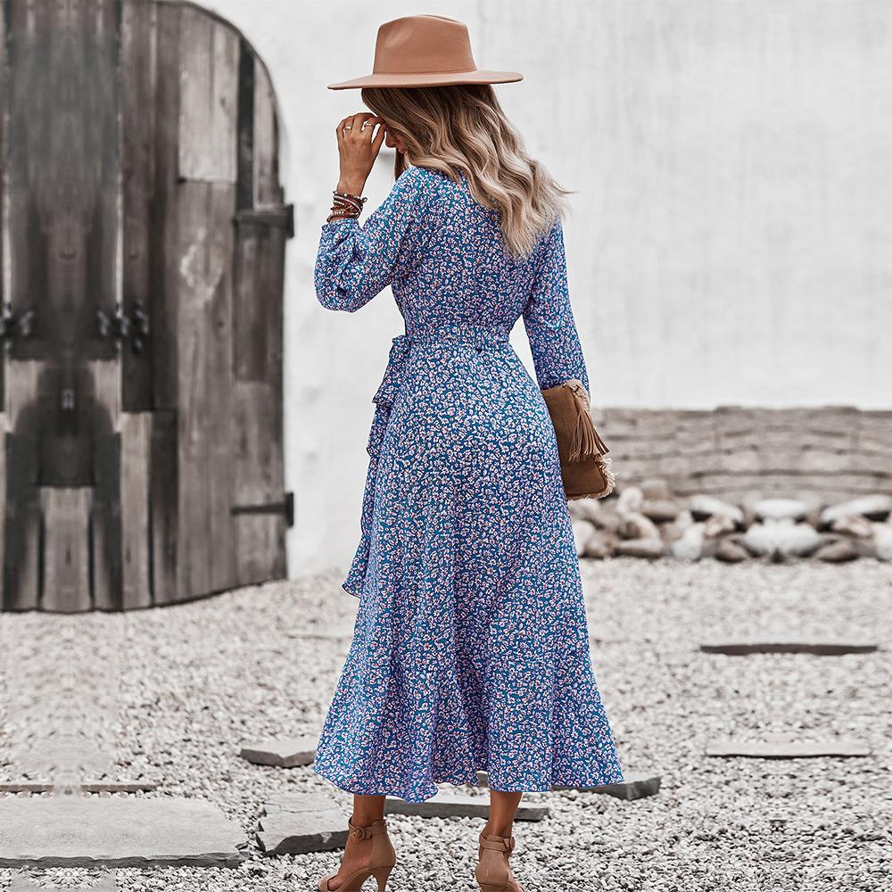 Летнее осеннее длинное платье с цветочным принтом, женское повседневное трапециевидное платье с v-образным вырезом и полным рукавом, с высокой талией, повязка S-XL