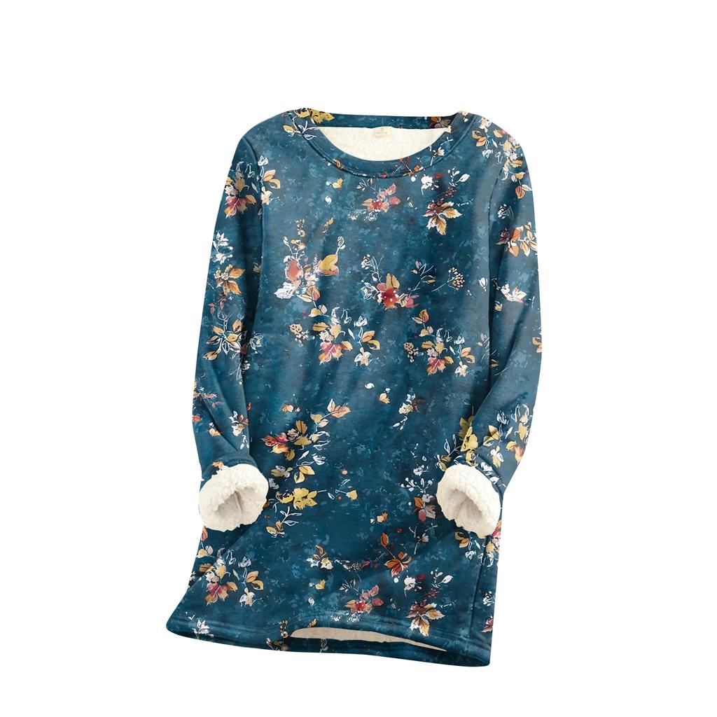 Женский топ с круглым вырезом и принтом из утолщенного плюша и кашемира, теплый длинный топ