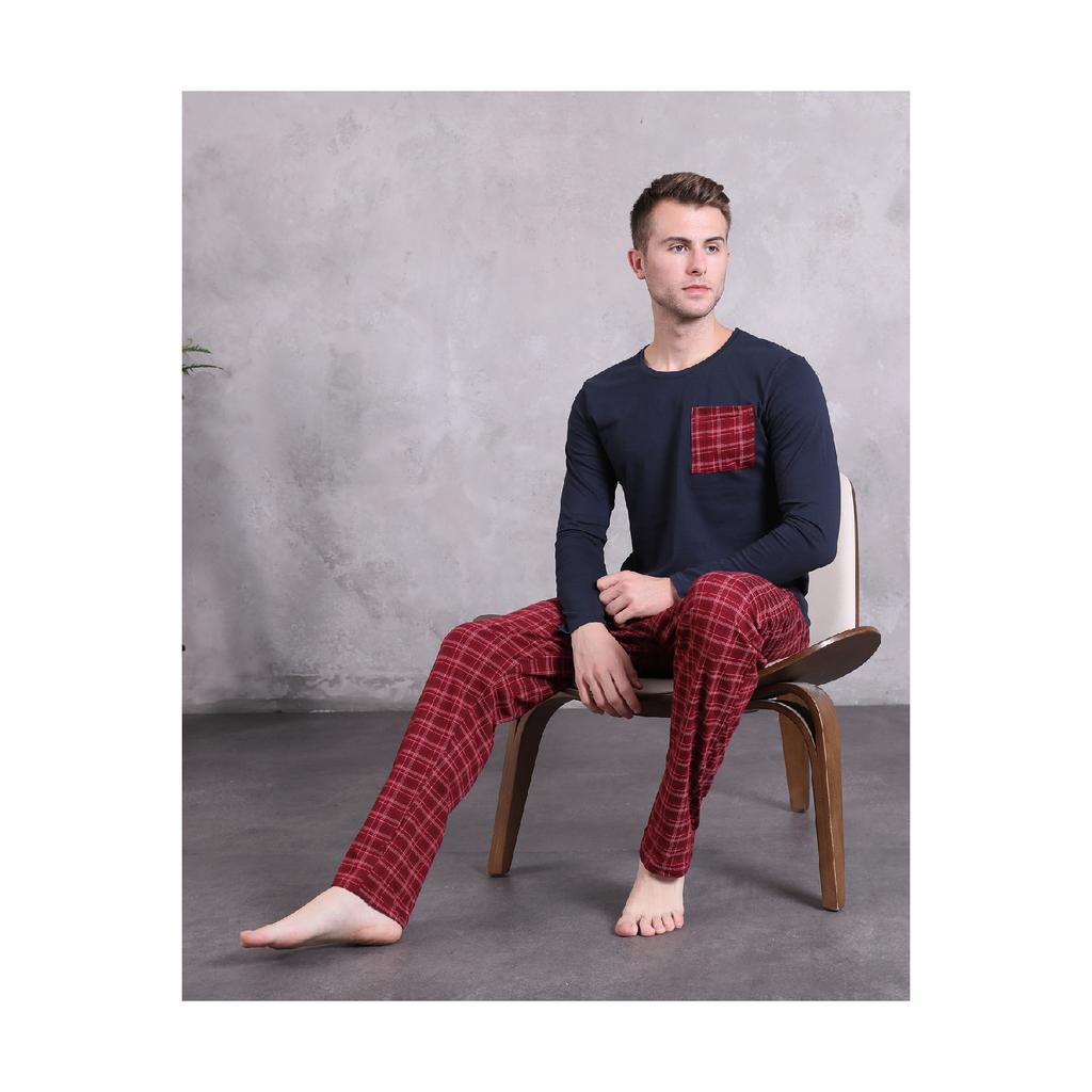 Мужской пижамный комплект с принтом в клетку, с длинным рукавом, с карманами, сезонный 100% хлопок, комплект для приданого, мягкий