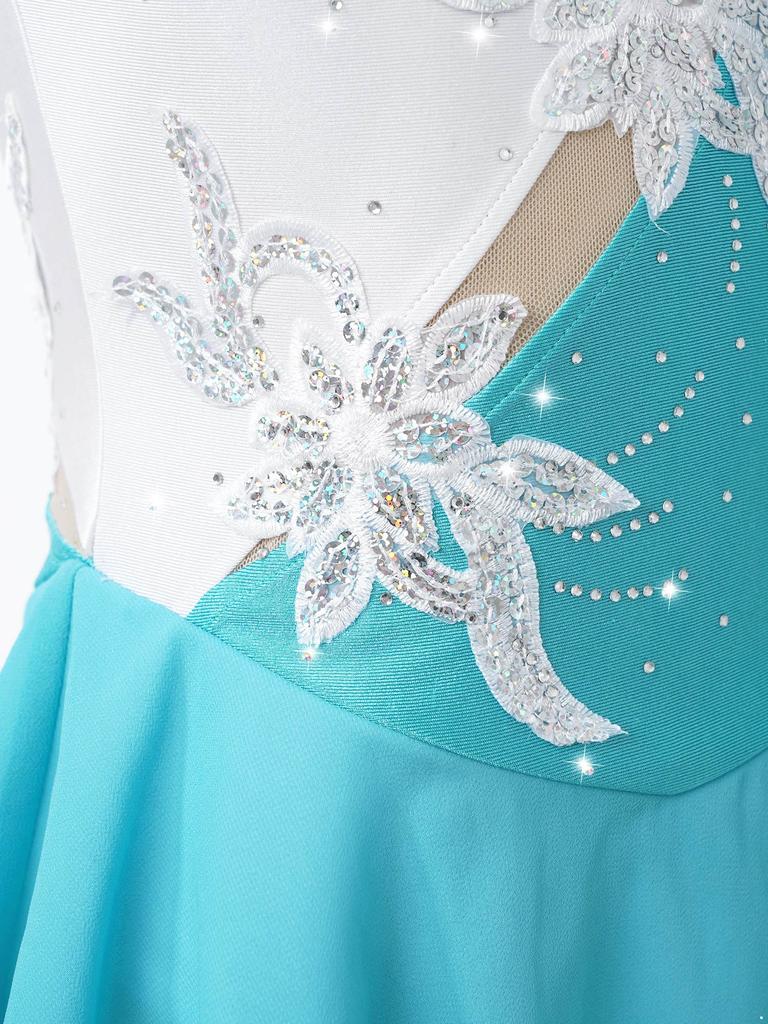 Детская стильная одежда для катания на коньках для девочек, без рукавов, с открытой спиной, блестящими пайетками, цветочным декором, танцевальное платье