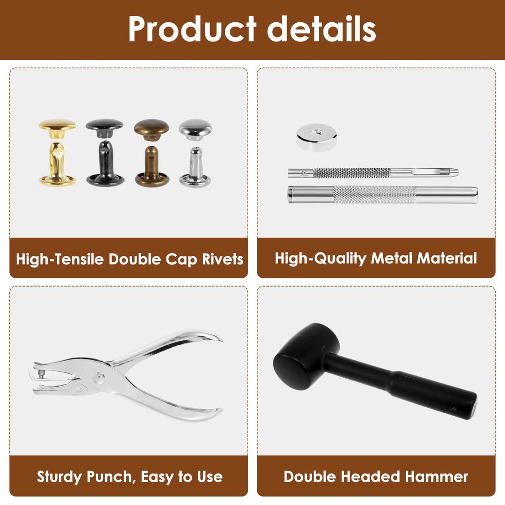 480Pcs 6/8mm Metal Double Cap Leather Rivets Set with Hammer and Punch Plier Studs Shoes Bag Belt Clothing Repair Accessories