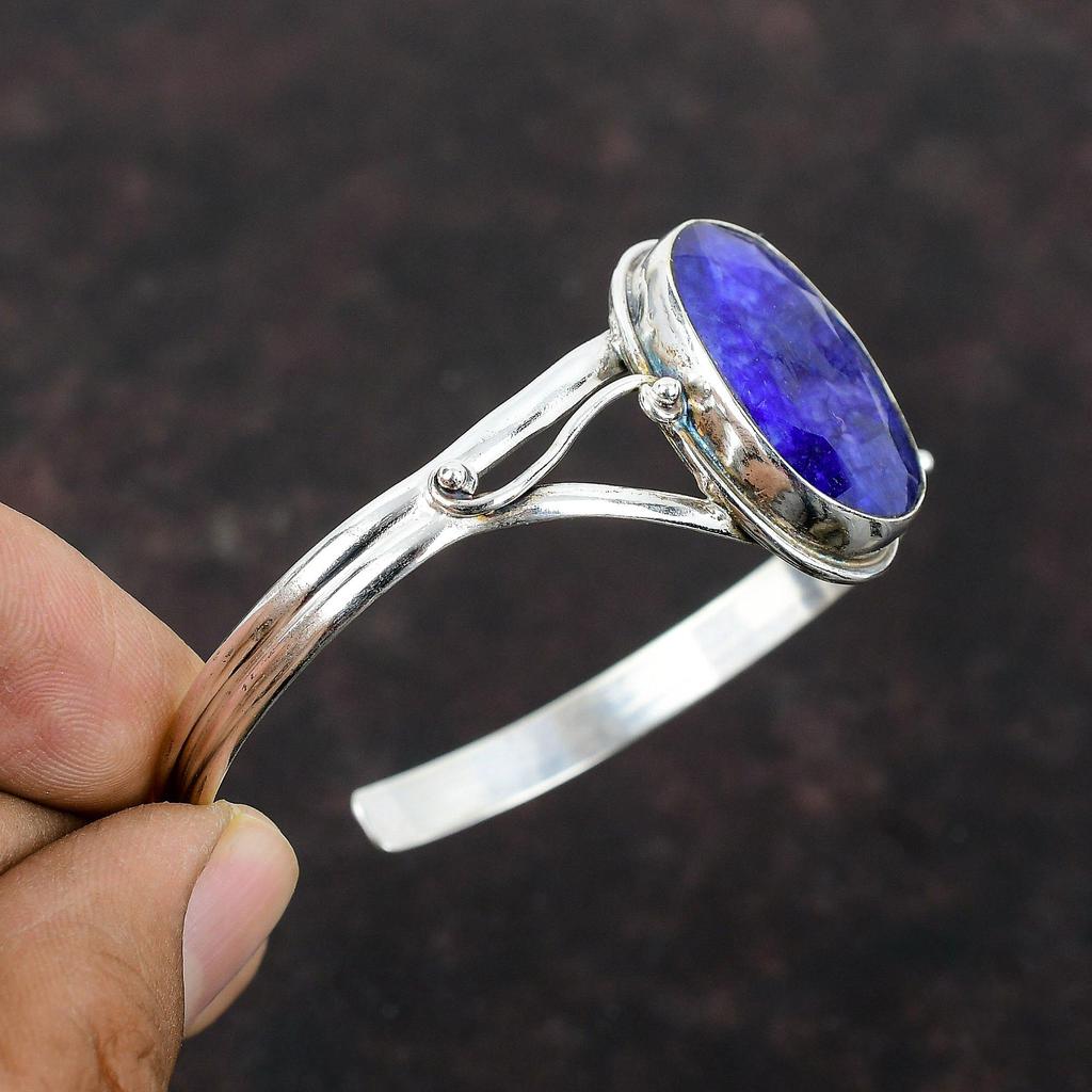 Браслет с граненым синим сапфиром, ювелирные изделия из драгоценных камней, регулируемый браслет-манжета, браслет из стерлингового серебра 925 пробы, уникальный браслет-манжета ручной работы, подарок для мамы