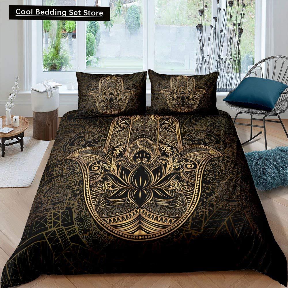 Comforter Hamsa Hand King Queen Gold Lucky Hand Of Fatima Bedding Set Black Boho Hippie Polyester Comforter