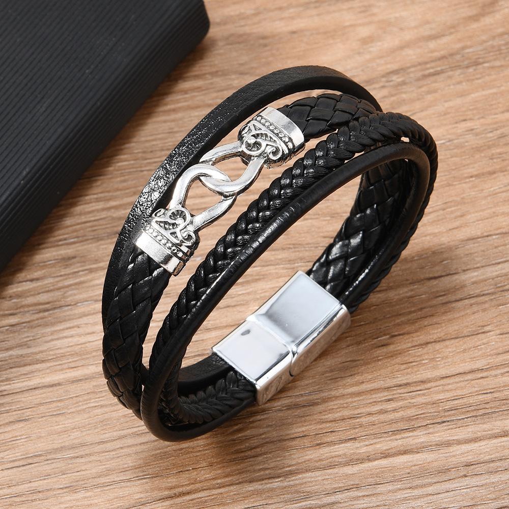 Мужской кожаный браслет в ретро-стиле с кольцевой пряжкой из цинкового сплава, ручной работы и многослойный