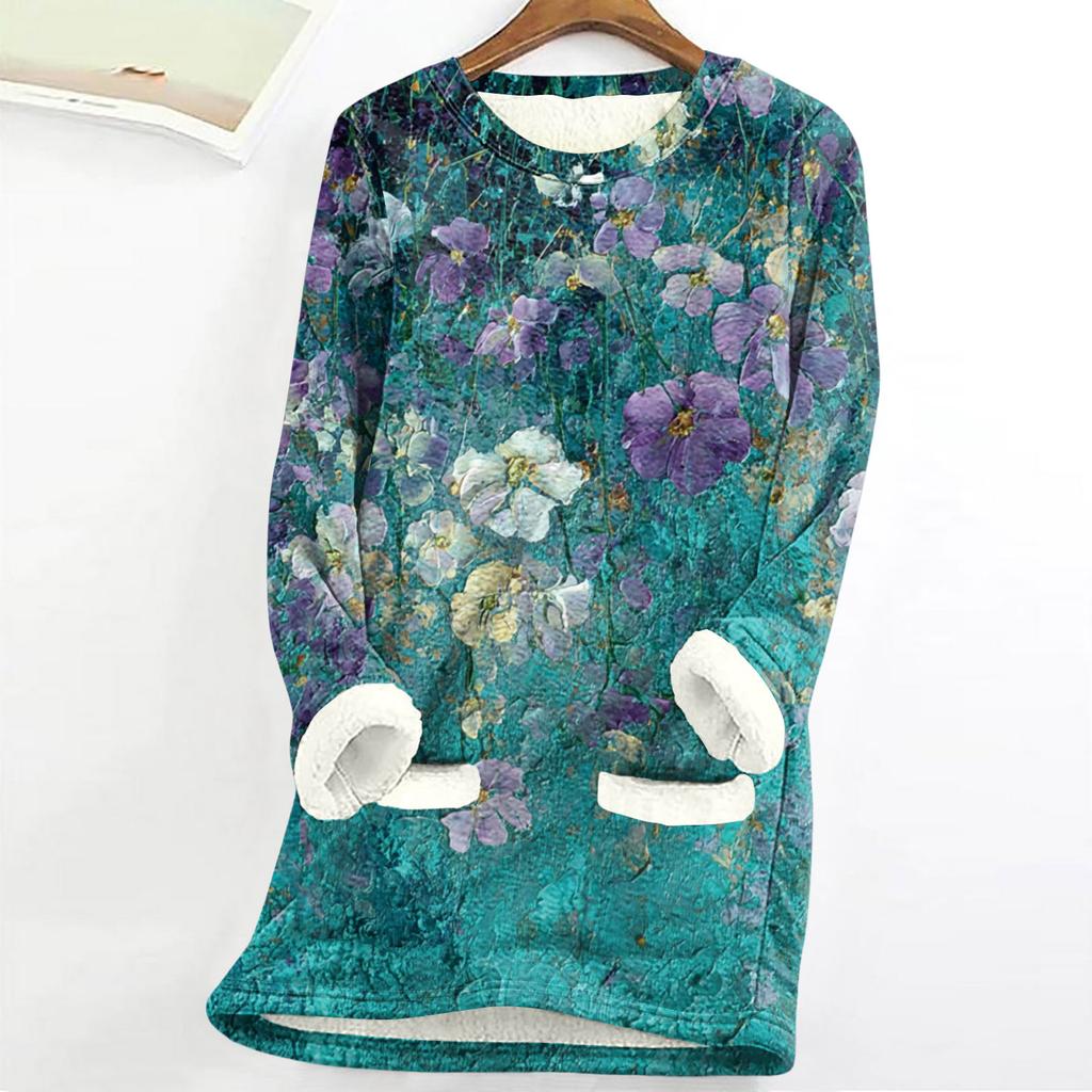 Women's Round Neck Top Printing Thickened Plush Cashmere Warm Long Top