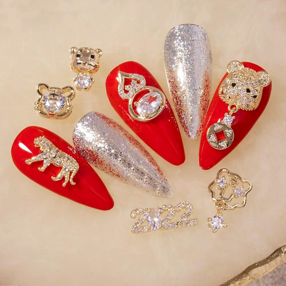 Chinese New Year 3D Nail Art Accessories Jewelry Decorations DIY Tiger Lucky Money Bag Crystal Red Gemstone Rhinestone Beads