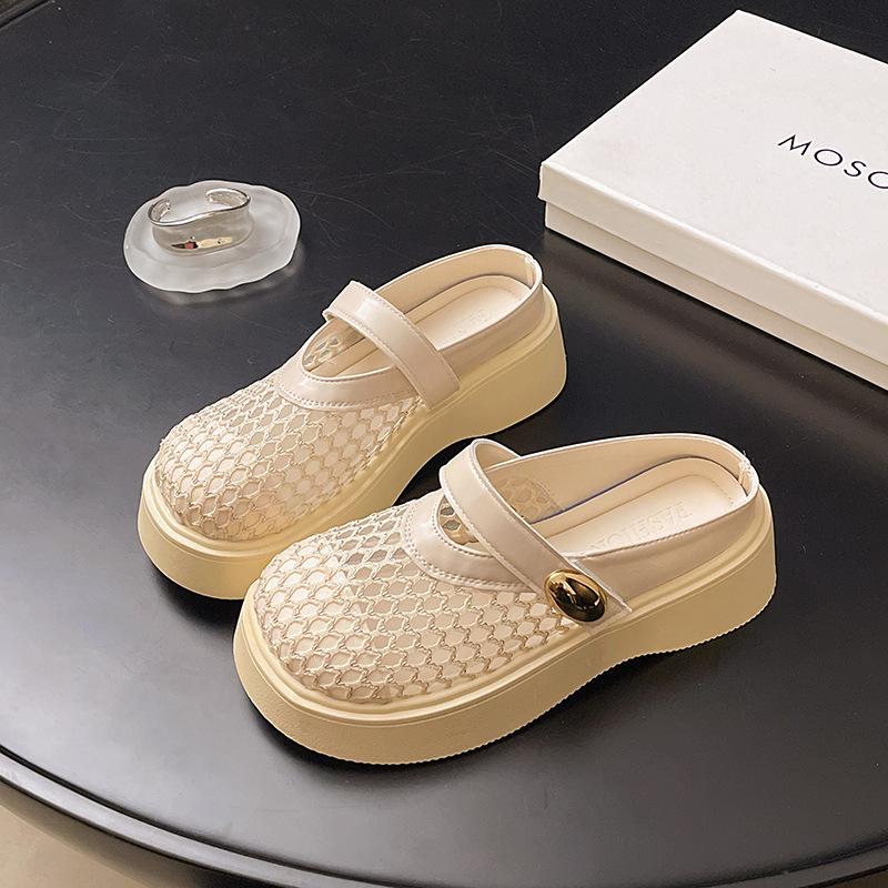 Полушлепанцы 2025 лето новые круглый носок модные корейская версия сетчатые дышащие платформа повседневные шлепанцы женская обувь крутые шлепанцы