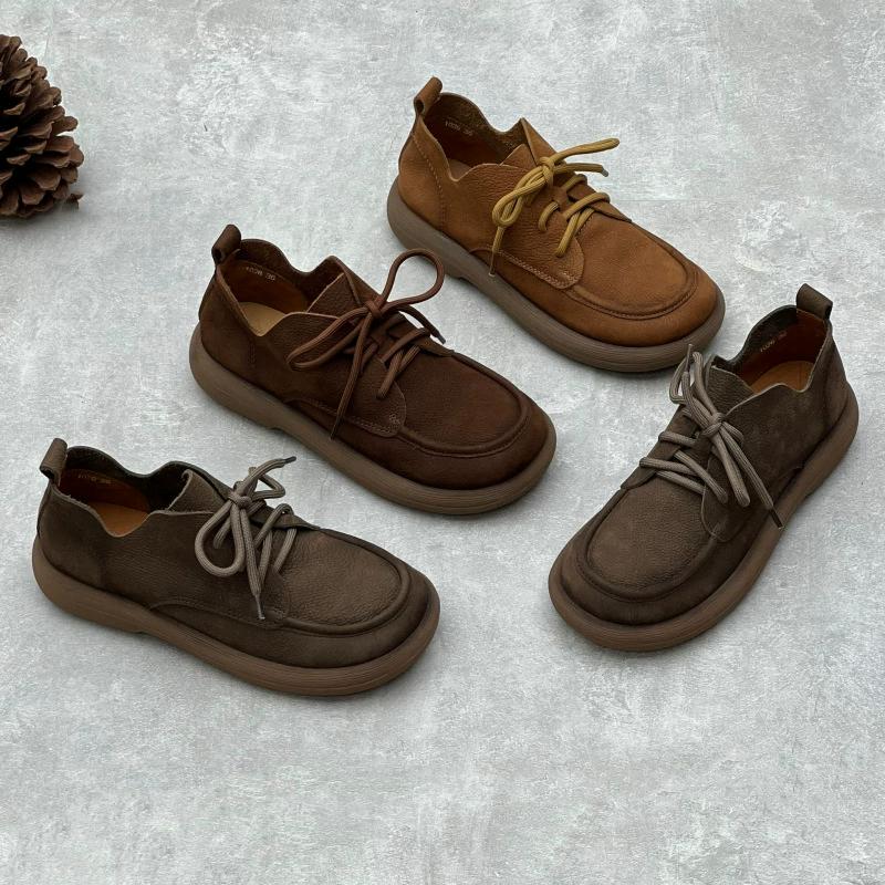 Женские туфли ручной работы с круглым носком в стиле ретро, с плоским верхом, с высоким берцем, со шнуровкой, из мягкой воловьей кожи, женские одинарные туфли