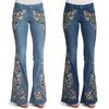 Women Embroidery Destoryed Flare Jeans Button Waist Bell Bottom Denim Pants
