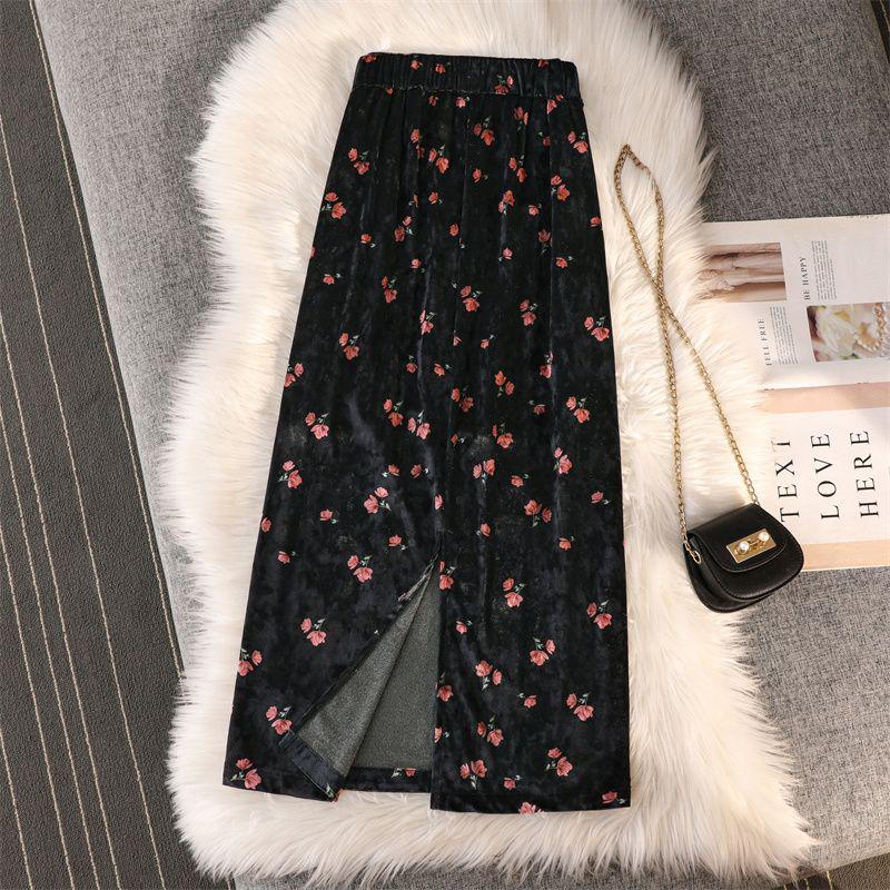 Юбка средней длины. Осенне-зимняя женская юбка. Женская длинная юбка из золотого бархата в стиле ретро с принтом.