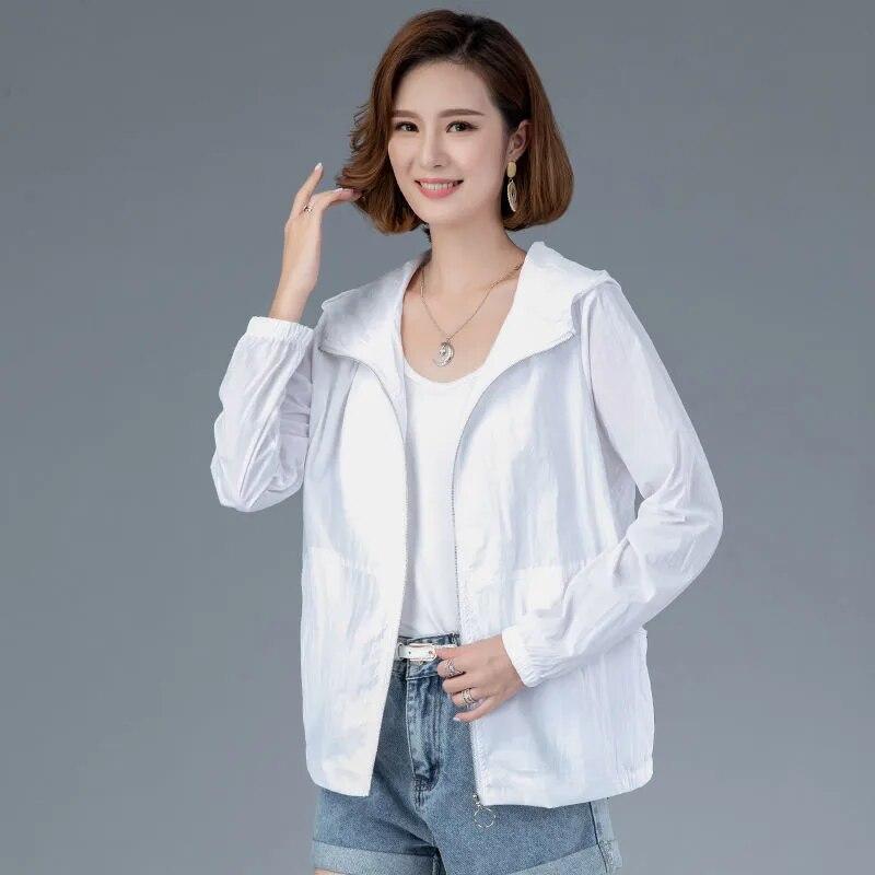 Summer Women Jacket Thin Coat Casual Long Sleeve Hooded Jacket Female Windbreaker Sunscreen Jacket Outwear