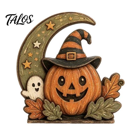 Водонепроницаемые ornaments из массива дерева Хэллоуин Ретро Тыква Колдунья Кошка Призрак Фигурки на Основании в виде Полумесяца, Жуткие Винтажные Осенние Праздничные Принадлежности