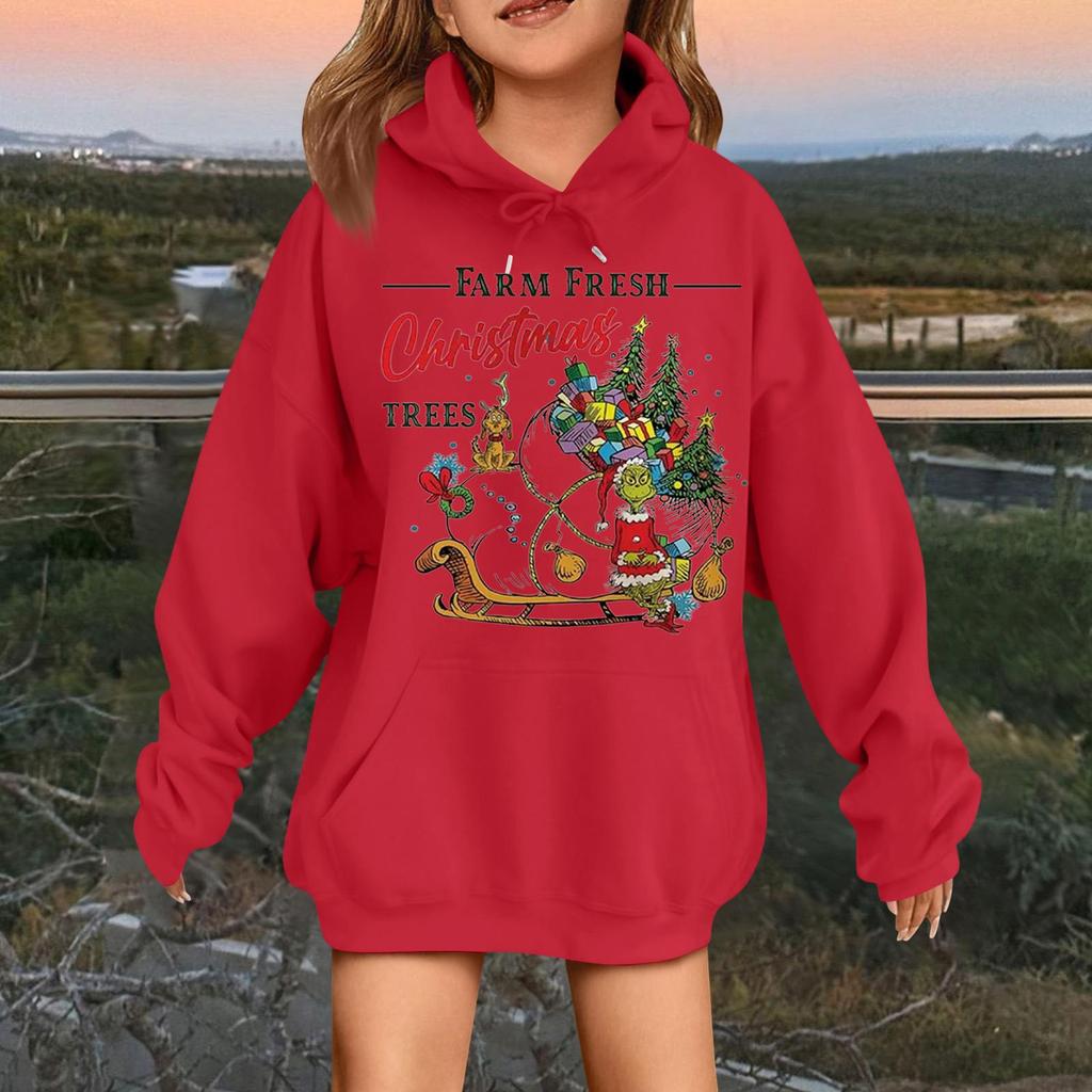 Детская модная повседневная толстовка с капюшоном свободного кроя с длинными рукавами и рождественским принтом