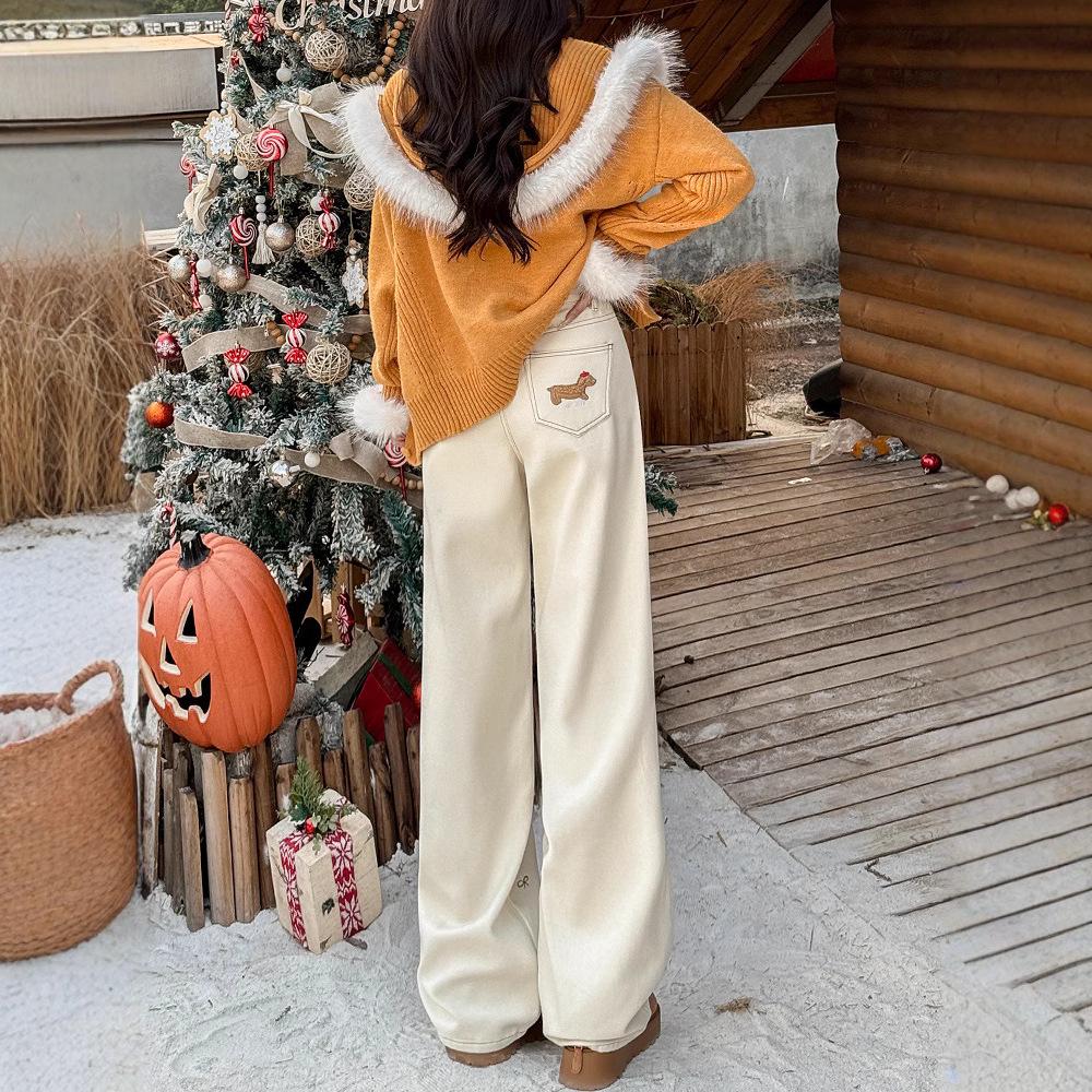 Модные женские джинсы с высокой талией и вышивкой из бархата с широкими штанинами для зимы 2025 года