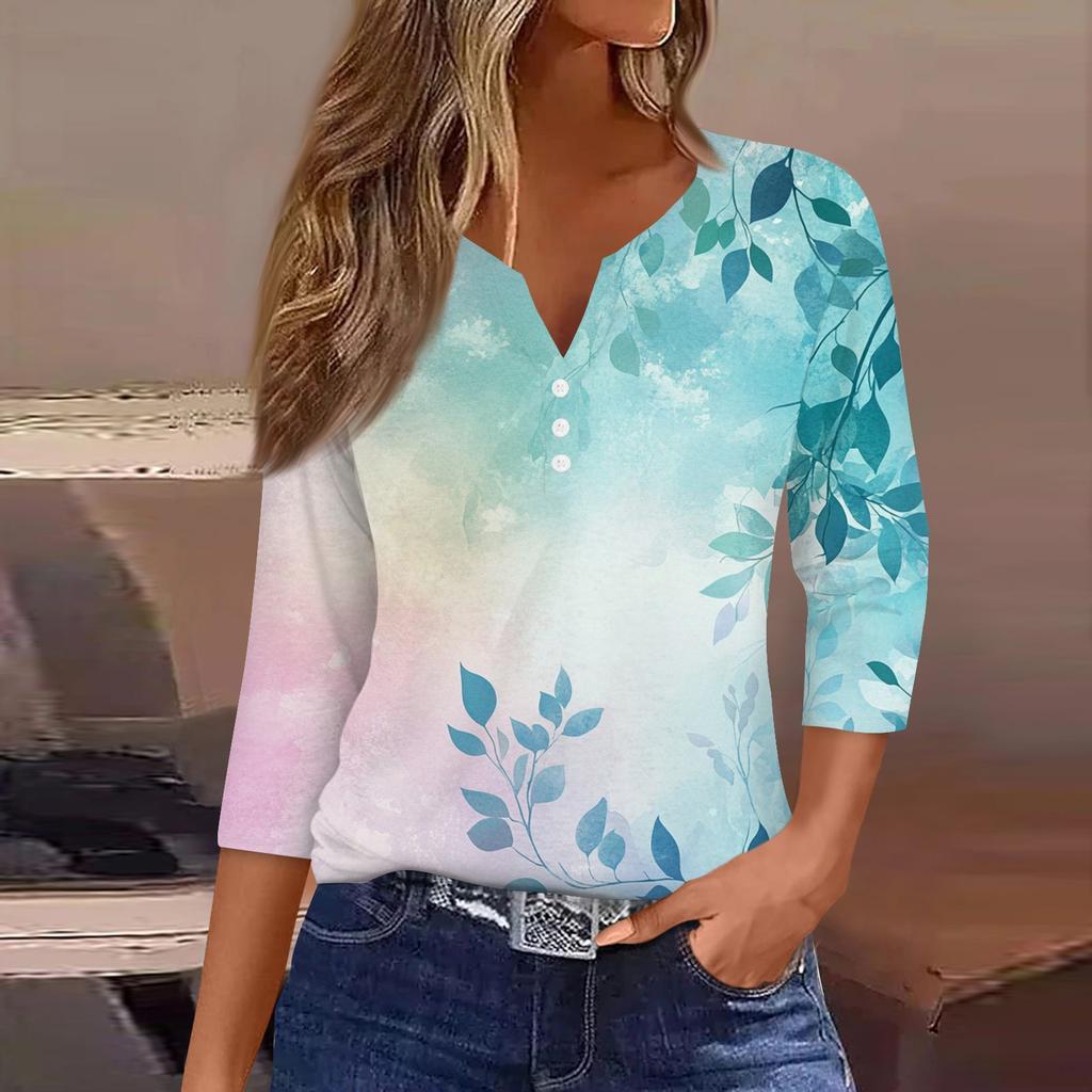 Women's T Shirt Tee Print Button 3/4 Sleeve Daily Weekend Fashion Basic V Neck Regular Top