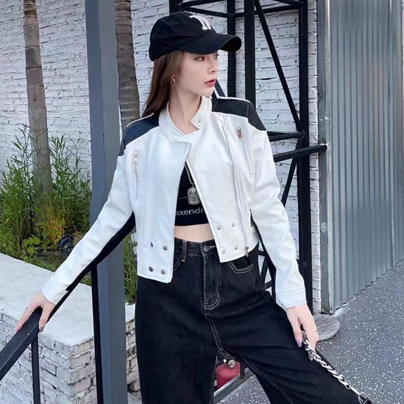 Маленькая кожаная куртка для женщин весна и осень новый модный дизайн индивидуальный контрастный цвет мотоциклетная короткая куртка